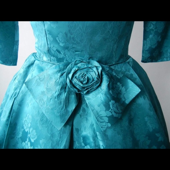 Vintage 1950 Teal Satin Damask Dress - Picture 3 of 6